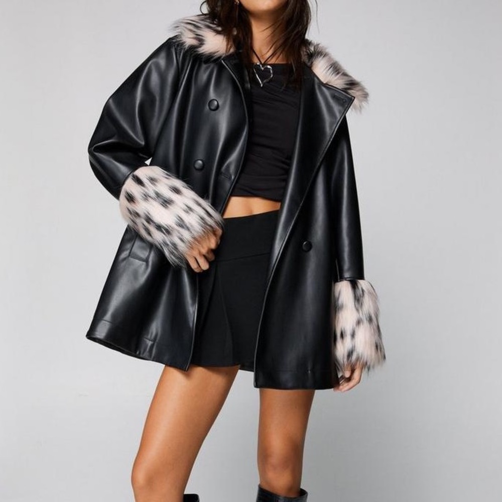 Fur Trim Faux Leather Swing Coat